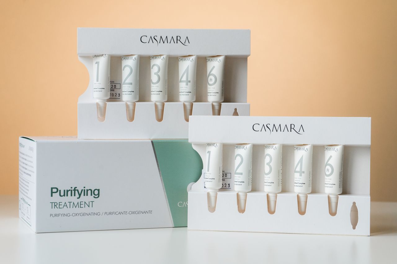Casmara Purifying Treatment set displayed in neat packaging on a stylish backdrop.